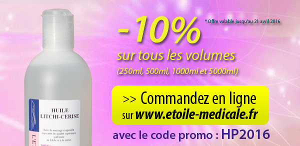 -10% sur tous les volumes (250ml, 500ml, 1000ml et 5000ml) avec le code promo HP2016 >> Commandez en ligne sur www.etoile-medicale.fr